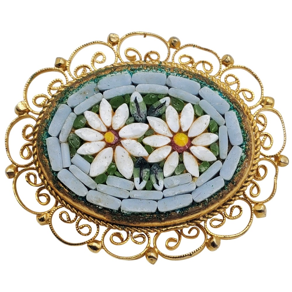 Italian Micro Mosaic Brooch Gold Tone Filigree Blue White Daisy Floral Pin Vtg